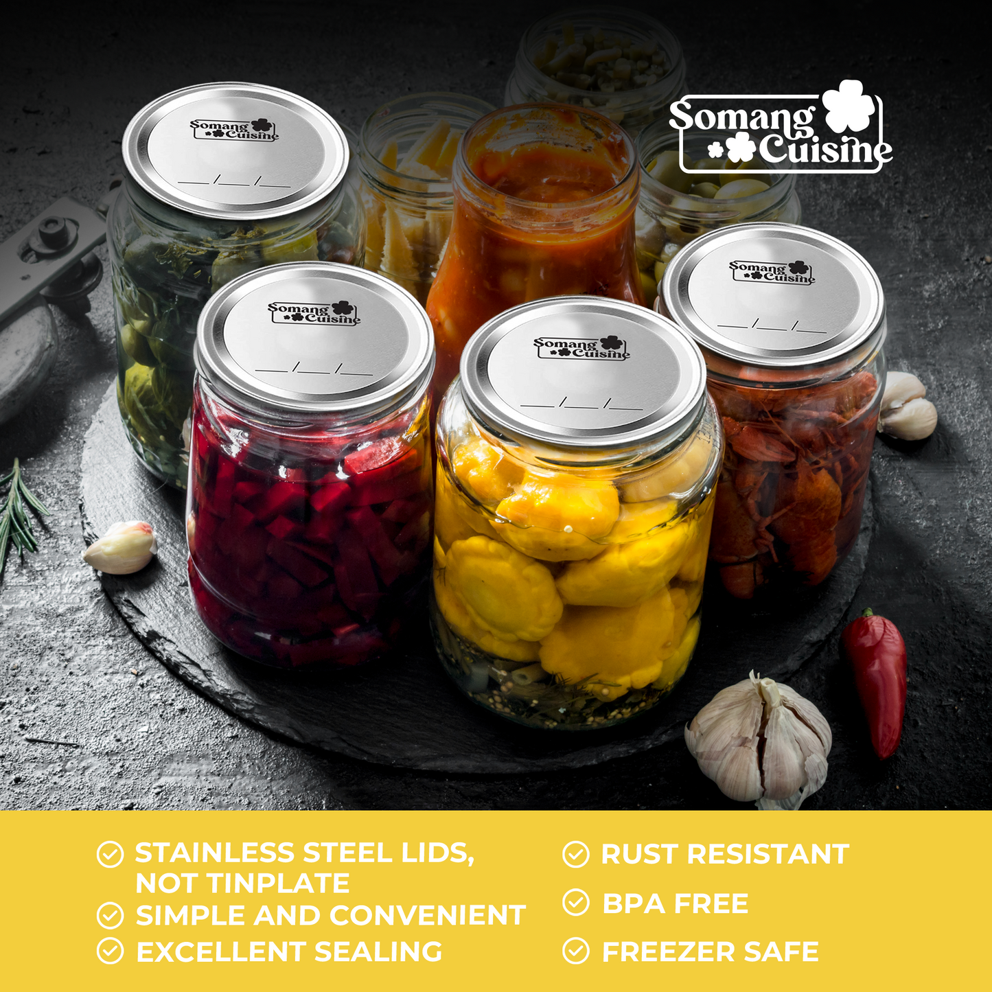 Somang Cuisine 50-pack 304 stainless steel wide-mouth canning lids for Ball & Kerr Mason jars