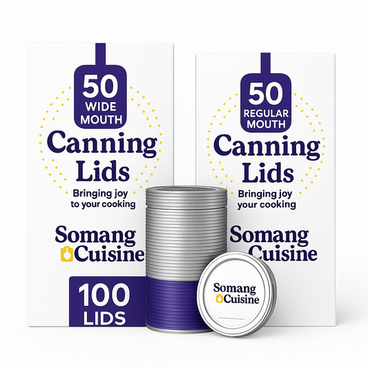 Somang Cuisine canning lids packaging with 100 lids displayed, including wide mouth and regular mouth options.